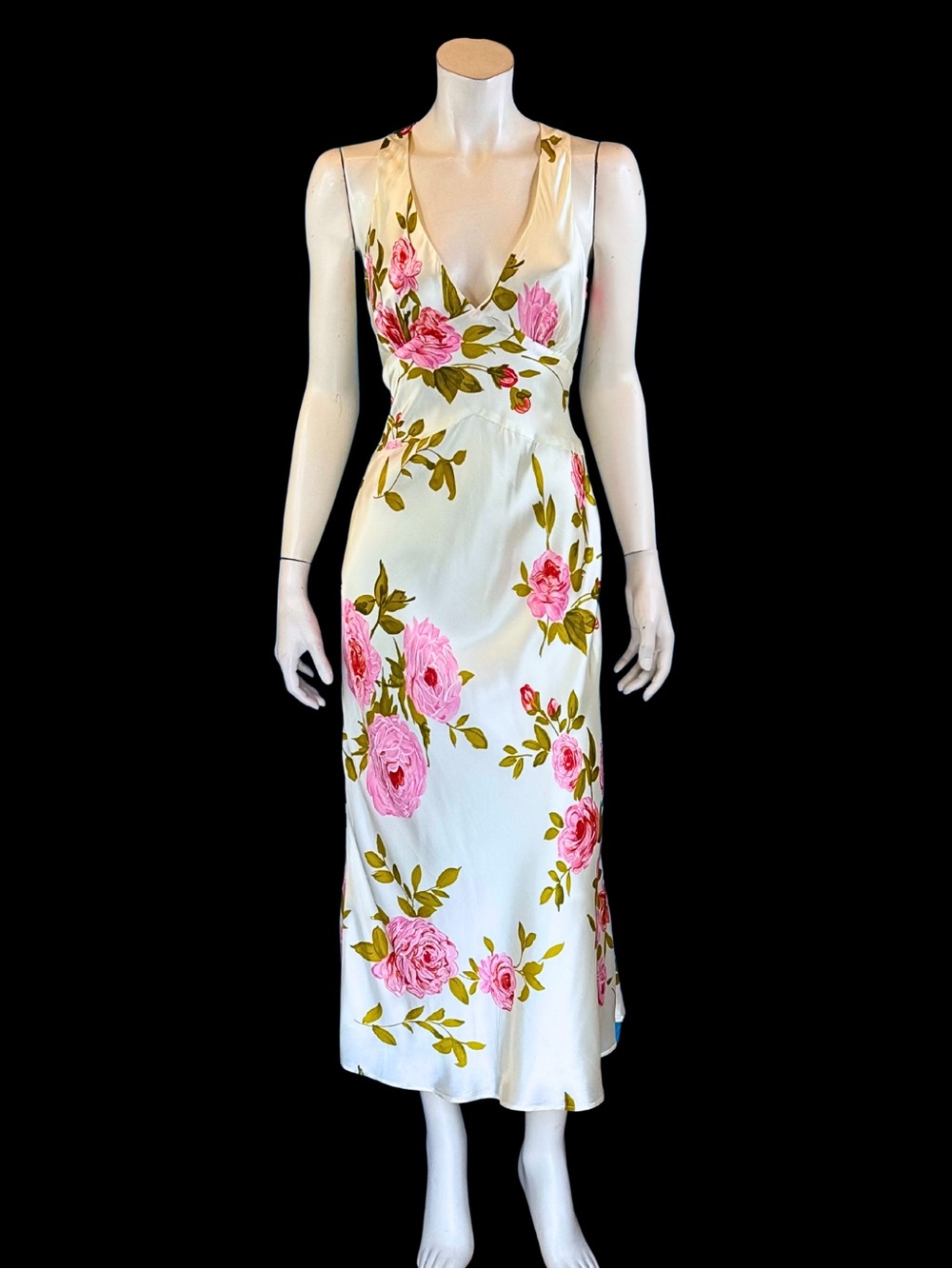 Y2K Ivory & Pink Rose Satin Bias Cut Slip Dress | designer Tara Jarmon | S M